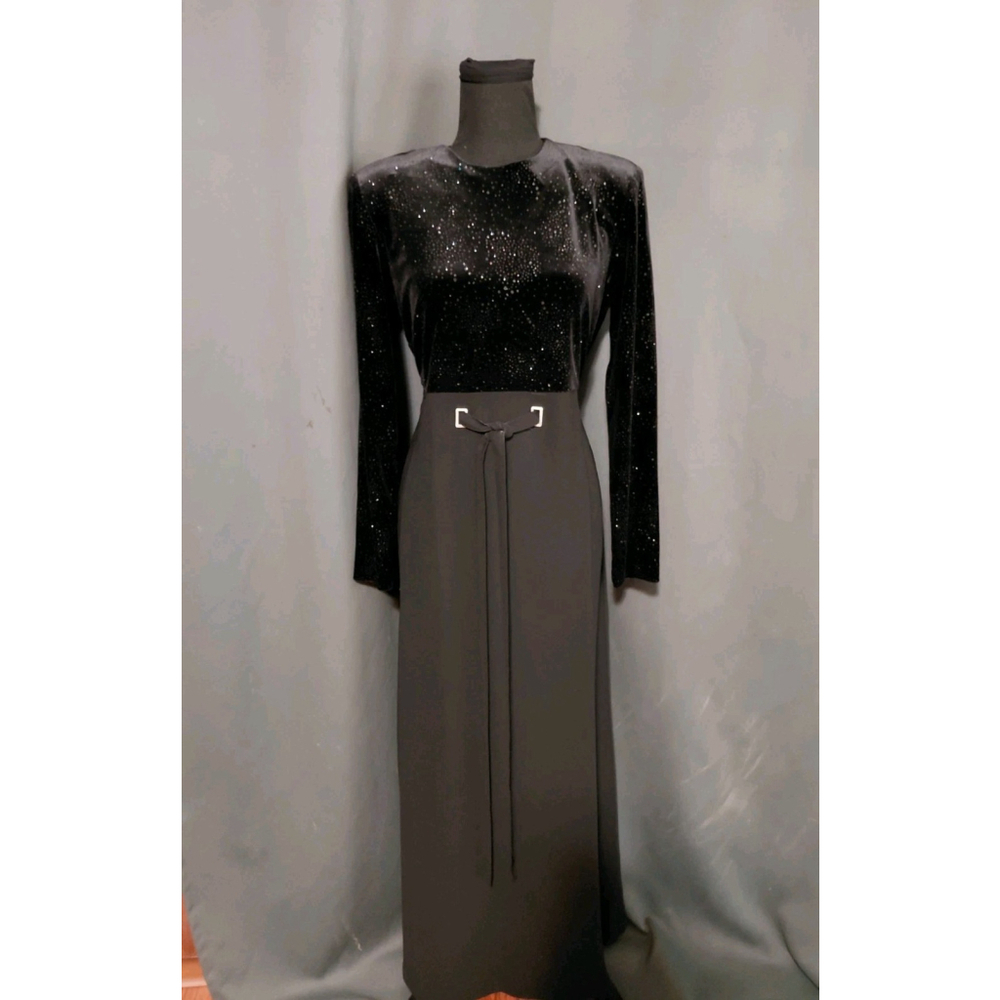 Vintage David Warren Formal Black Velvet Top Lace Waist Belted Maxi Dress Sz 12